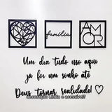 Kit 3 Quadros para Cabeceira | Geométrico Família e Amor + Frase de Parede
