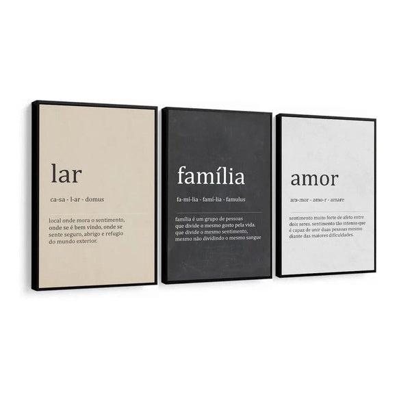 Kit 3 Quadros Decorativos Mosaico | Frases Lar, Família e Amor (95x50cm)