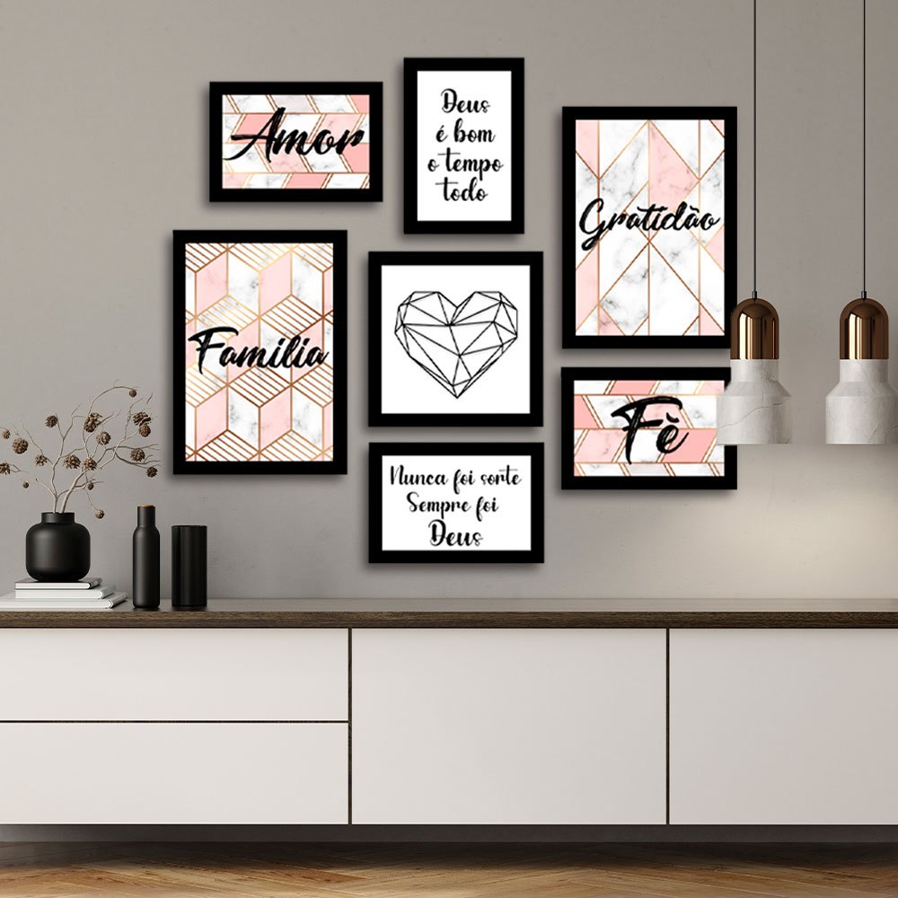 Kit 7 Placas Decorativas | Tema Abstrato Geométrico Rose (60x70cm)