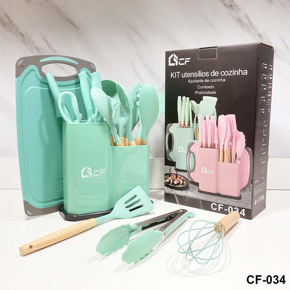 Kit 19 Utensílios de Cozinha em Silicone | Cabo de Madeira e Suporte