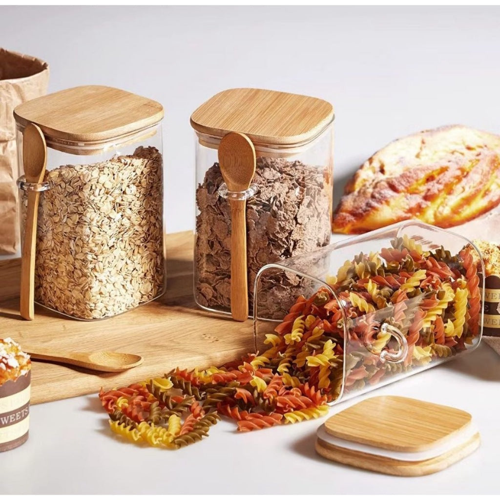 Kit 3 Potes de Vidro Borossilicato com Tampa e Colher de Bambu — 450 ml Quadrado