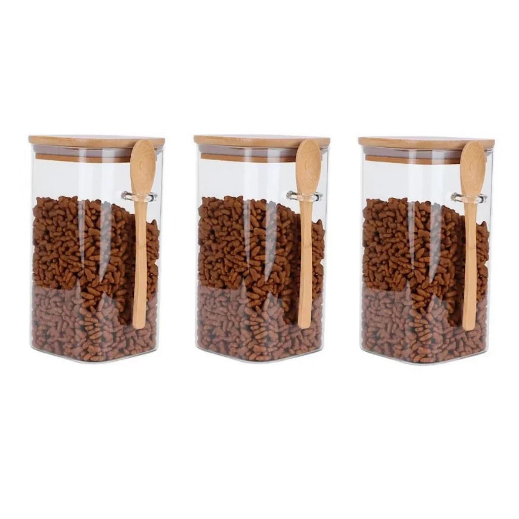 Kit 3 Potes de Vidro Borossilicato com Tampa e Colher de Bambu — 450 ml Quadrado
