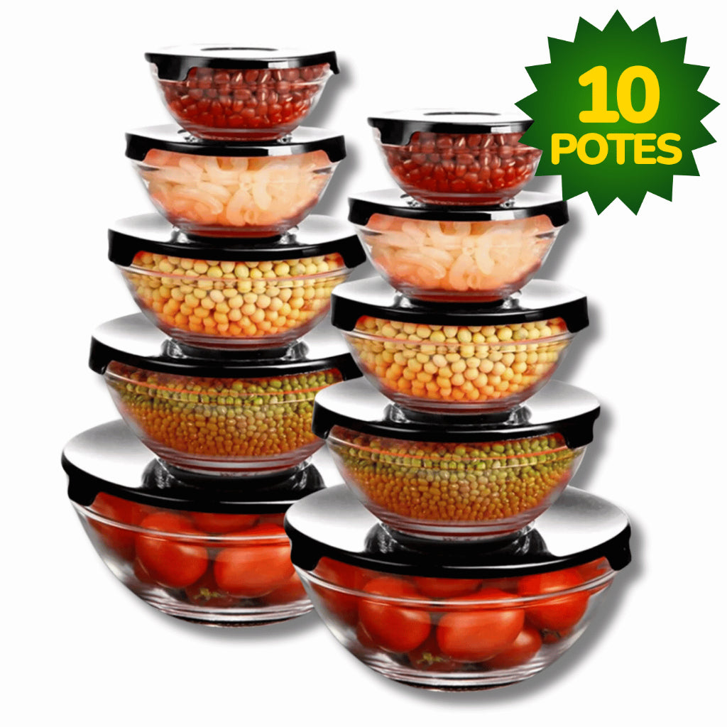 Kit 10 Potes de Vidro Resistente | Organizadores de Cozinha Multiuso