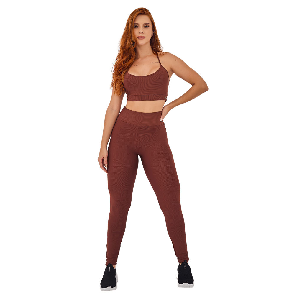 Conjunto Feminino Academia Top e Legging Com Bolso No Cós Tecido Canelado AVA Fitness