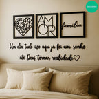 Kit 3 Quadros para Cabeceira | Geométrico Família e Amor + Frase de Parede