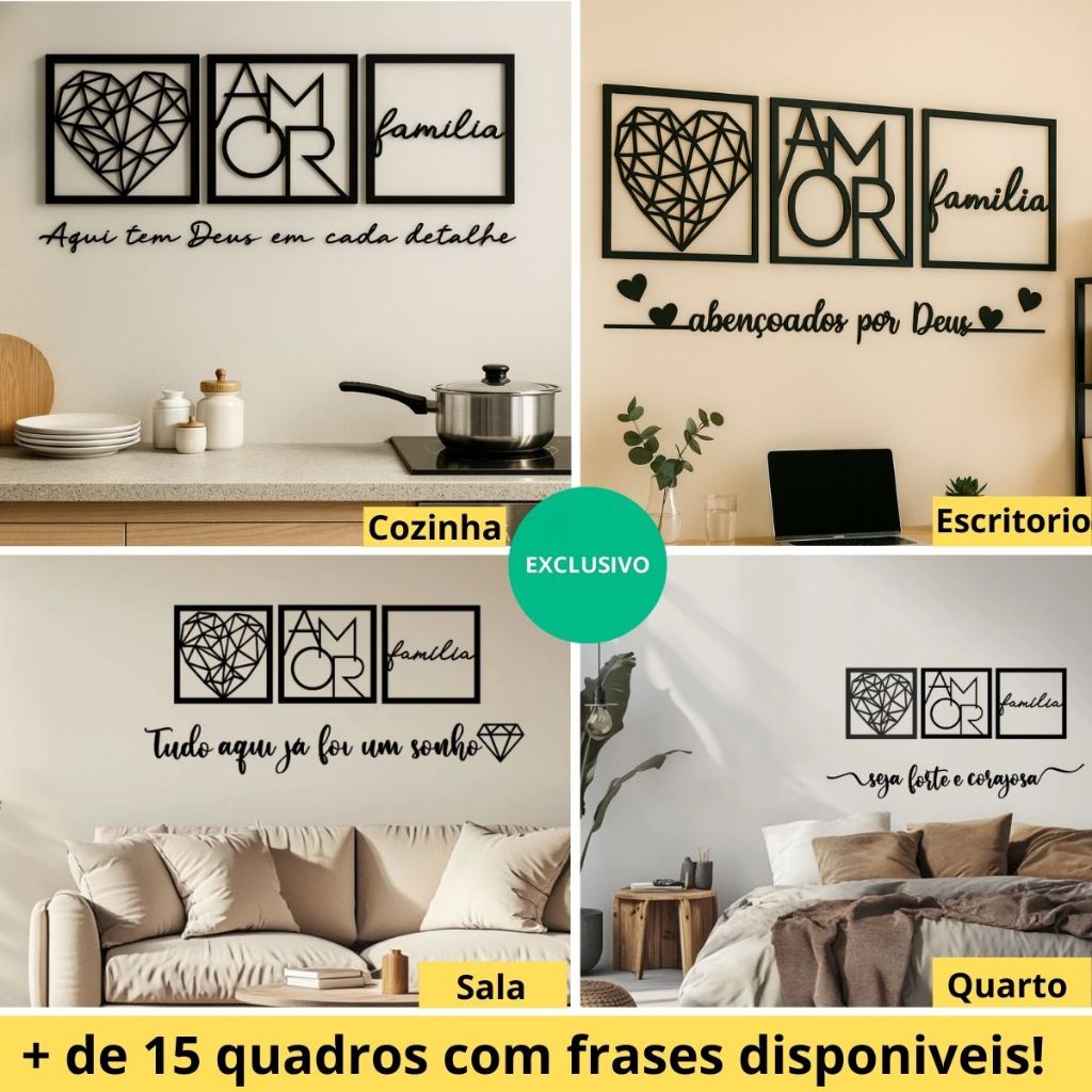 Kit 3 Quadros para Cabeceira | Geométrico Família e Amor + Frase de Parede
