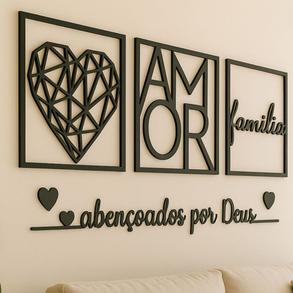 Kit 3 Quadros para Cabeceira | Geométrico Família e Amor + Frase de Parede