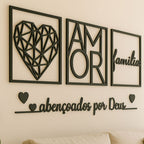 Kit 3 Quadros para Cabeceira | Geométrico Família e Amor + Frase de Parede