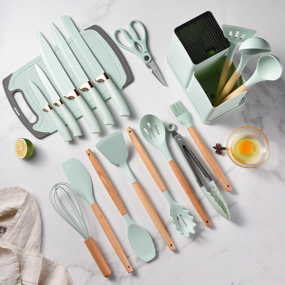 Kit 19 Utensílios de Cozinha em Silicone | Cabo de Madeira e Suporte