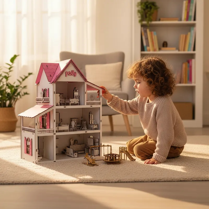 Brinquedo Para Crianças Casinha Em Mdf + Kit 19 Mini Móveis