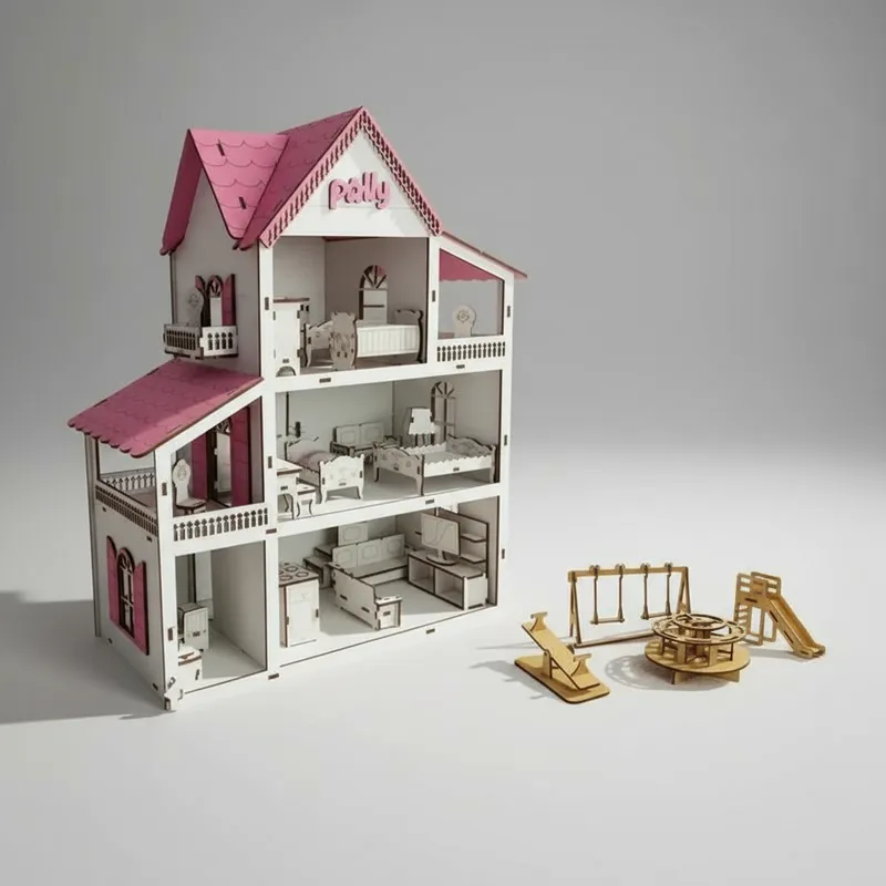 Casinha de Bonecas em MDF | Inclui Kit com 19 Mini Móveis