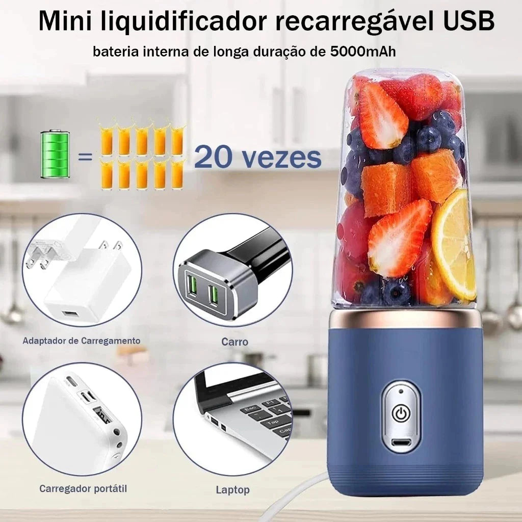 Mini Liquidificador Portátil 400ml USB Recarregável 6 Lâminas Inox para Sucos e Vitaminas