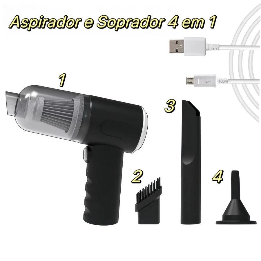 Mini Aspirador de Pó Portátil Sem Fio 4 em 1 | 6000Pa Recarregável (Carro e Casa)