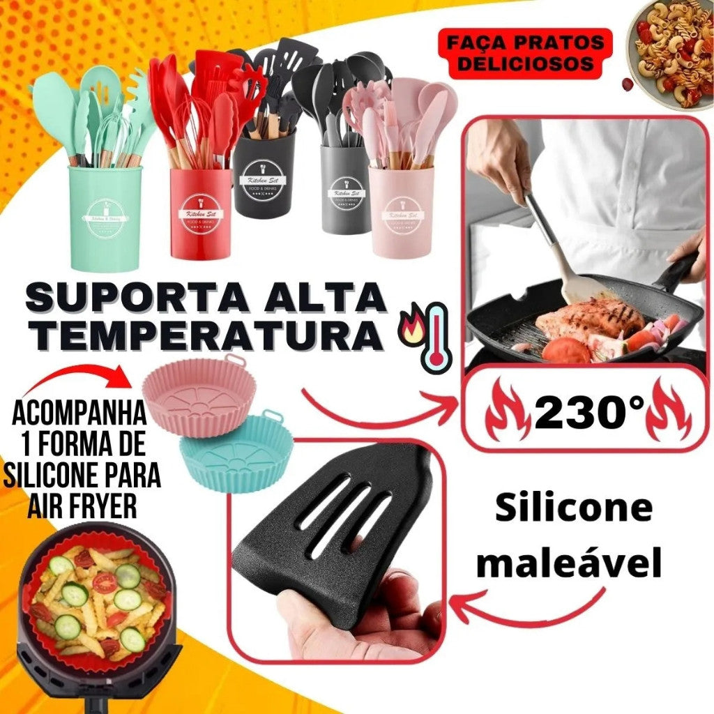 Jogo de Utensílios de Cozinha 12 Peças | Silicone com Cabo de Madeira e Suporte