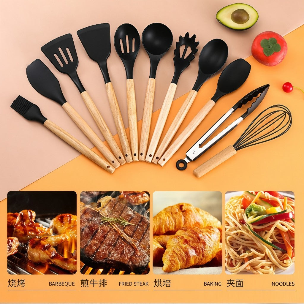 Jogo de Utensílios de Cozinha 12 Peças | Silicone com Cabo de Madeira e Suporte